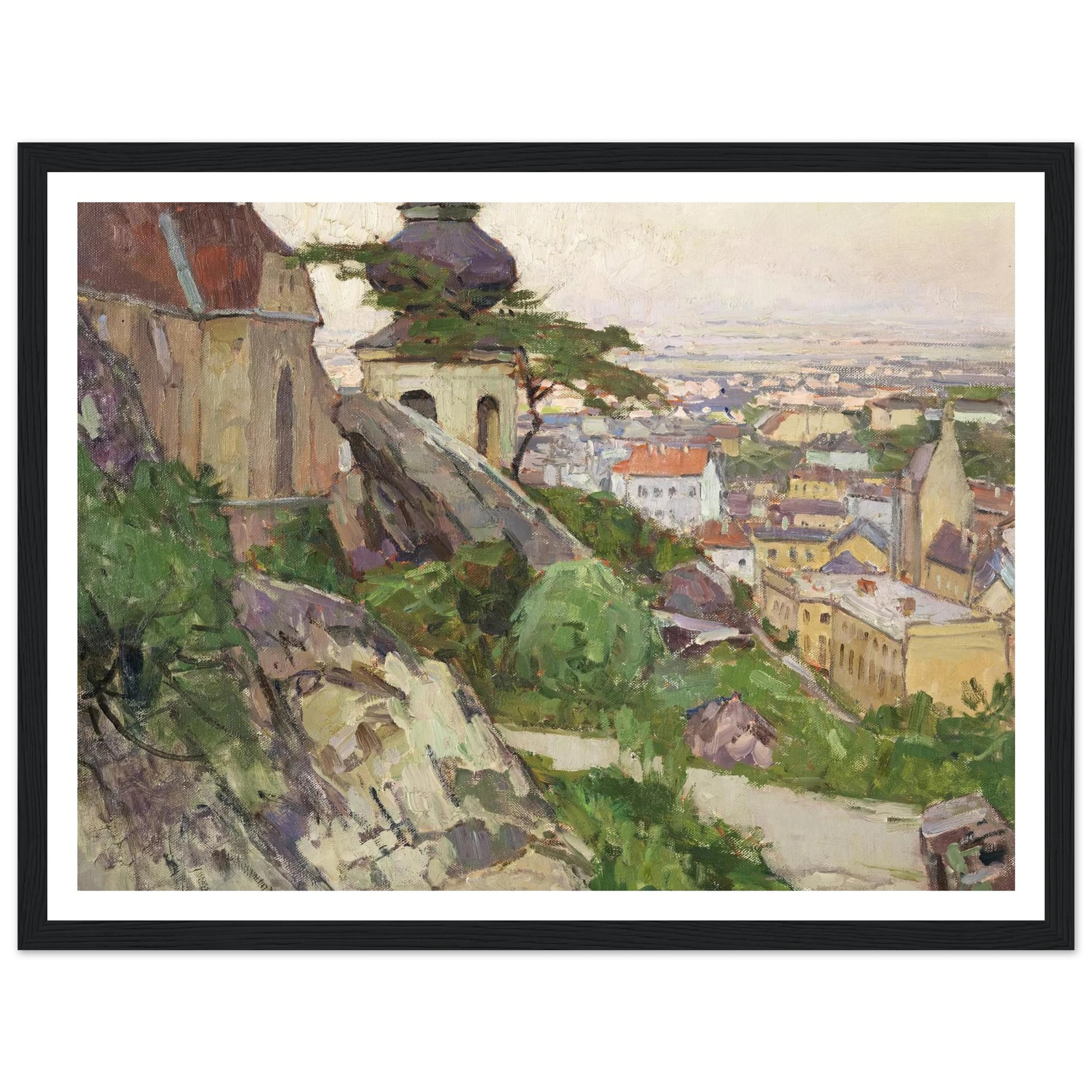 Blick auf Mödling von dem Weg zum Liechtenstein oberhalb der Pfarrkirche herab auf die Stadt (1942) Art Print | Carl Moll - Framed Poster - 30x40 cm / 12x16″ - Black frame