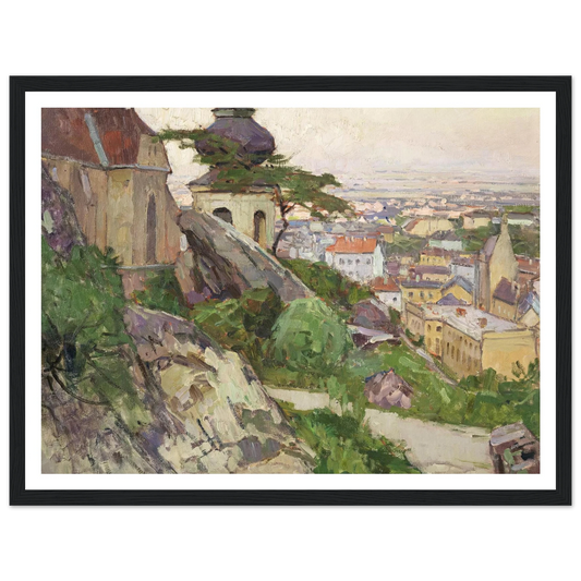 Blick auf Mödling von dem Weg zum Liechtenstein oberhalb der Pfarrkirche herab auf die Stadt (1942) Art Print | Carl Moll - Framed Poster - 30x40 cm / 12x16″ - Black frame