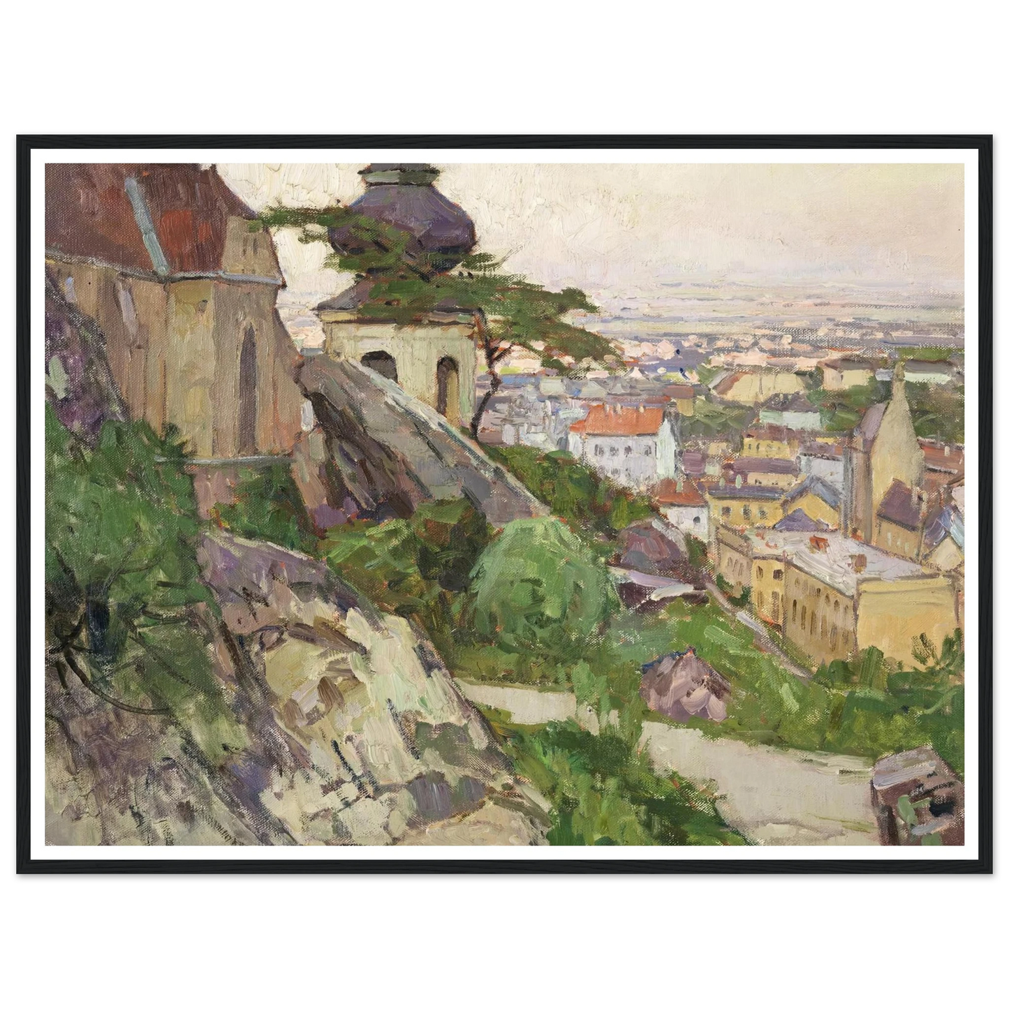 Blick auf Mödling von dem Weg zum Liechtenstein oberhalb der Pfarrkirche herab auf die Stadt (1942) Art Print | Carl Moll - Framed Poster - 30x40 cm / 12x16″ - Black frame