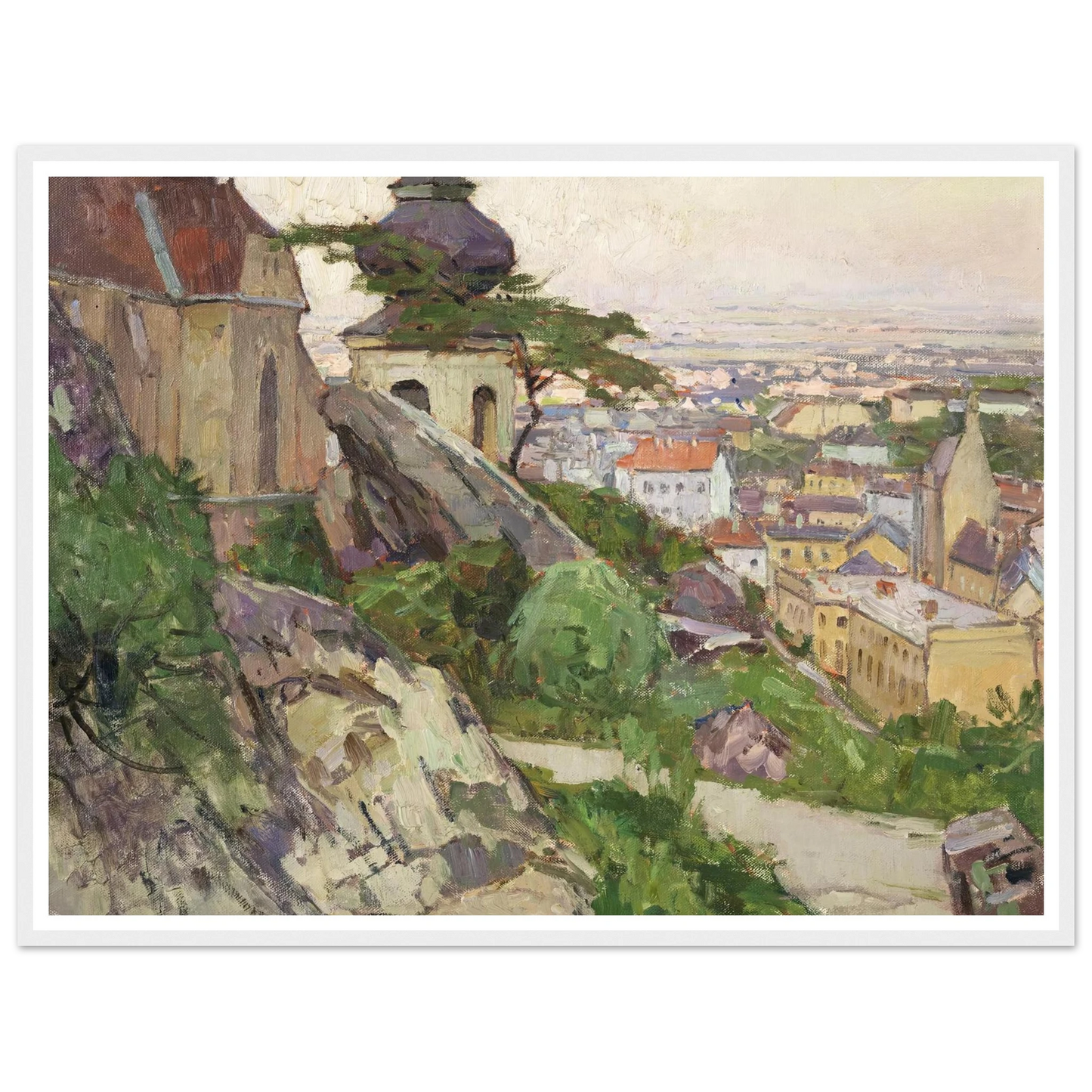 Blick auf Mödling von dem Weg zum Liechtenstein oberhalb der Pfarrkirche herab auf die Stadt (1942) Art Print | Carl Moll - Framed Poster - 30x40 cm / 12x16″ - Black frame