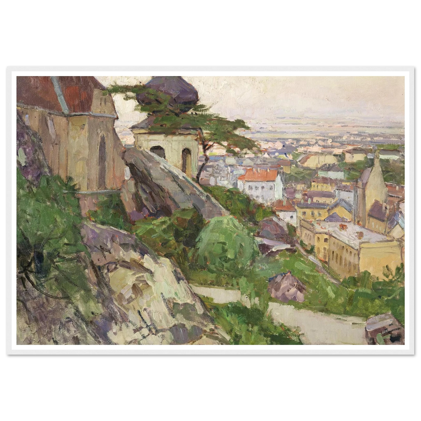 Blick auf Mödling von dem Weg zum Liechtenstein oberhalb der Pfarrkirche herab auf die Stadt (1942) Art Print | Carl Moll - Framed Poster - 30x40 cm / 12x16″ - Black frame