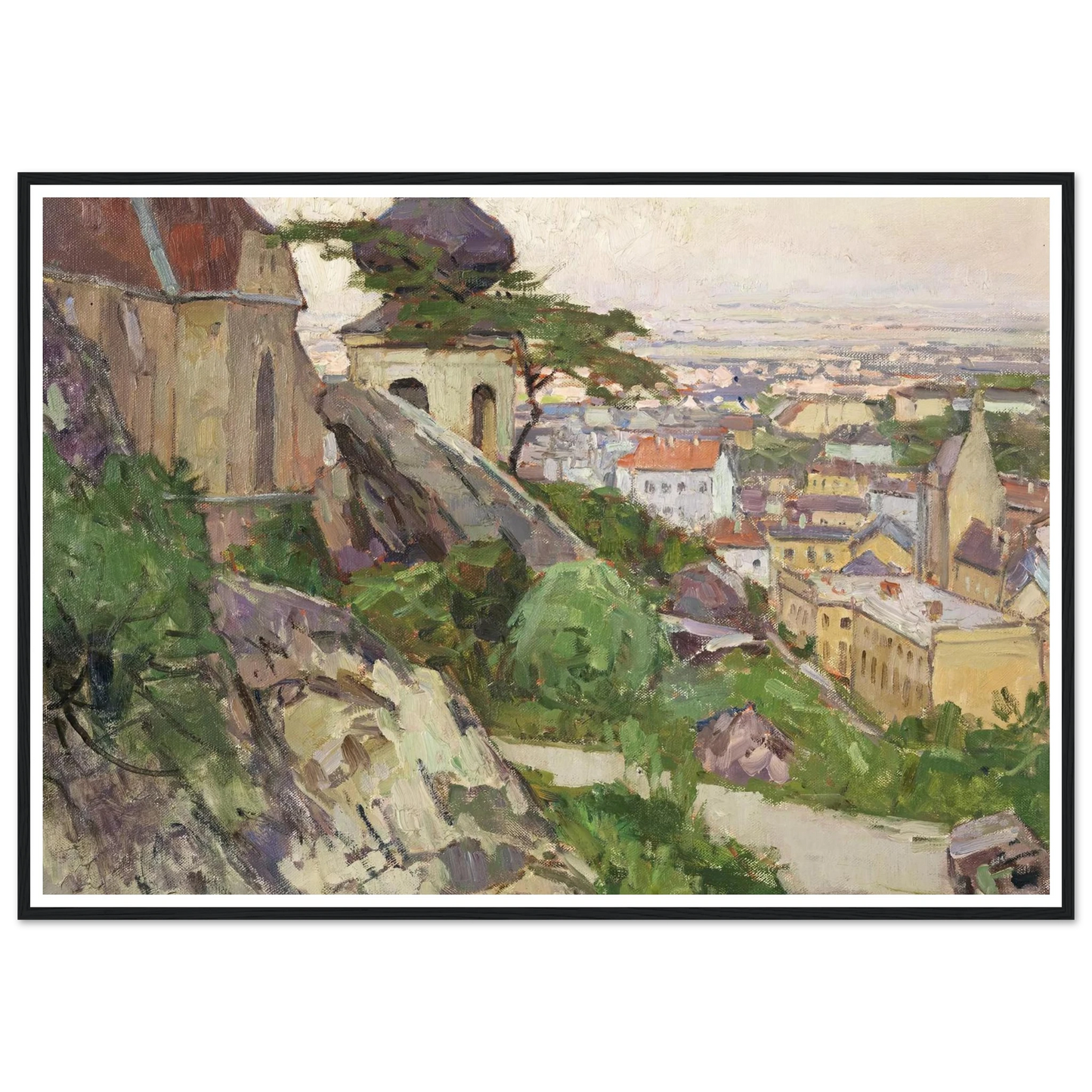 Blick auf Mödling von dem Weg zum Liechtenstein oberhalb der Pfarrkirche herab auf die Stadt (1942) Art Print | Carl Moll - Framed Poster - 30x40 cm / 12x16″ - Black frame