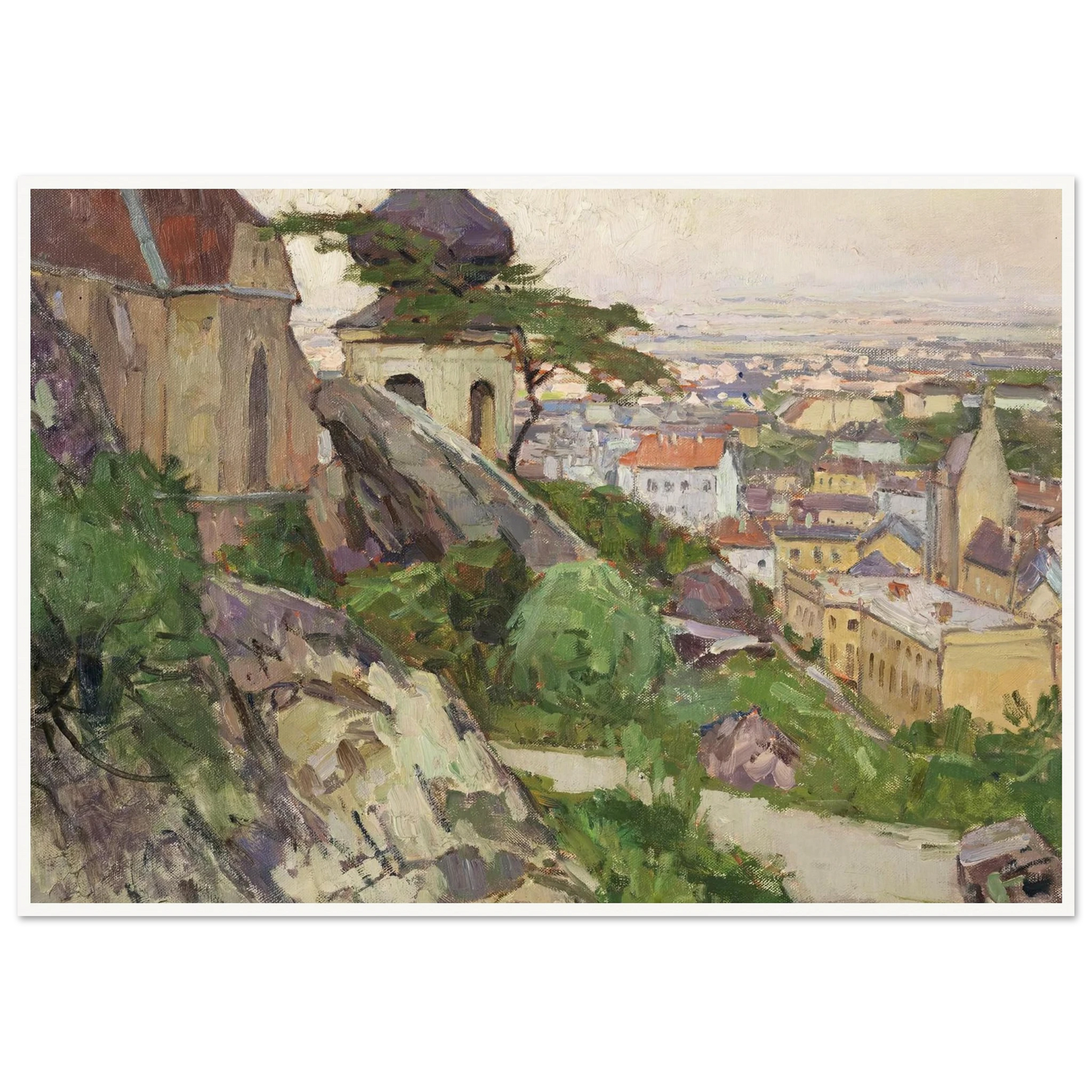Blick auf Mödling von dem Weg zum Liechtenstein oberhalb der Pfarrkirche herab auf die Stadt (1942) Art Print | Carl Moll - Framed Poster - 30x40 cm / 12x16″ - Black frame