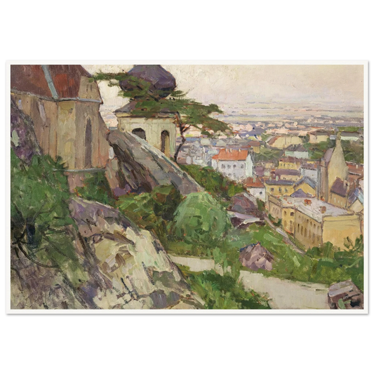 Blick auf Mödling von dem Weg zum Liechtenstein oberhalb der Pfarrkirche herab auf die Stadt (1942) Art Print | Carl Moll - Framed Poster - 30x40 cm / 12x16″ - Black frame