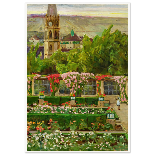 Blick in den Garten der Villa Ast (View of the garden of the Villa Ast) (after 1932) Art Print | Carl Moll - Framed Poster - 30x40 cm / 12x16″ - Black frame