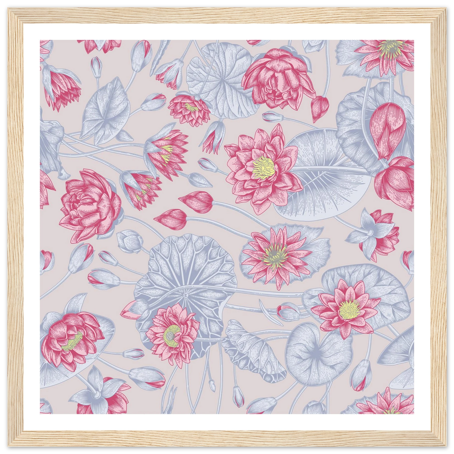 Blush Pink Nénuphar Art Print | William Morris Inspired - Framed Poster - 30x30 cm / 12x12″ - Black frame