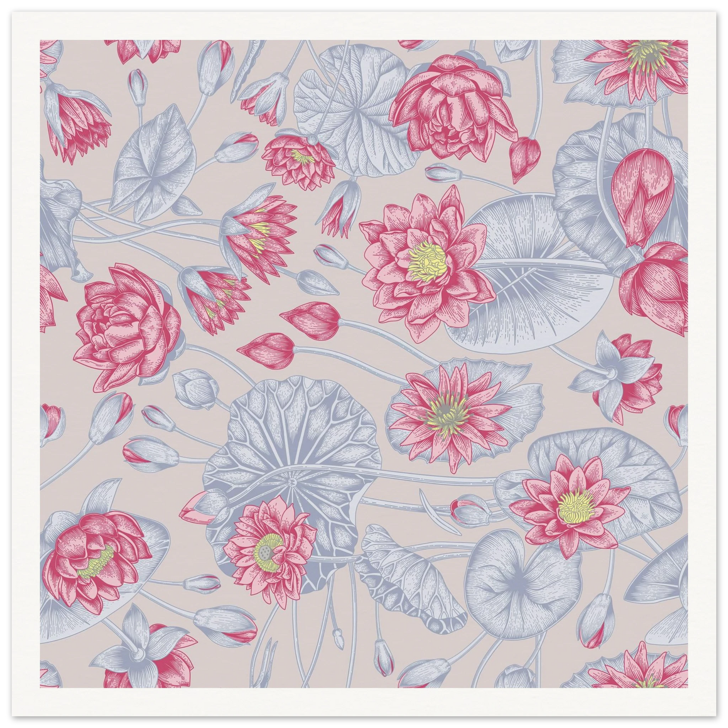 Blush Pink Nénuphar Art Print | William Morris Inspired - Framed Poster - 30x30 cm / 12x12″ - Black frame
