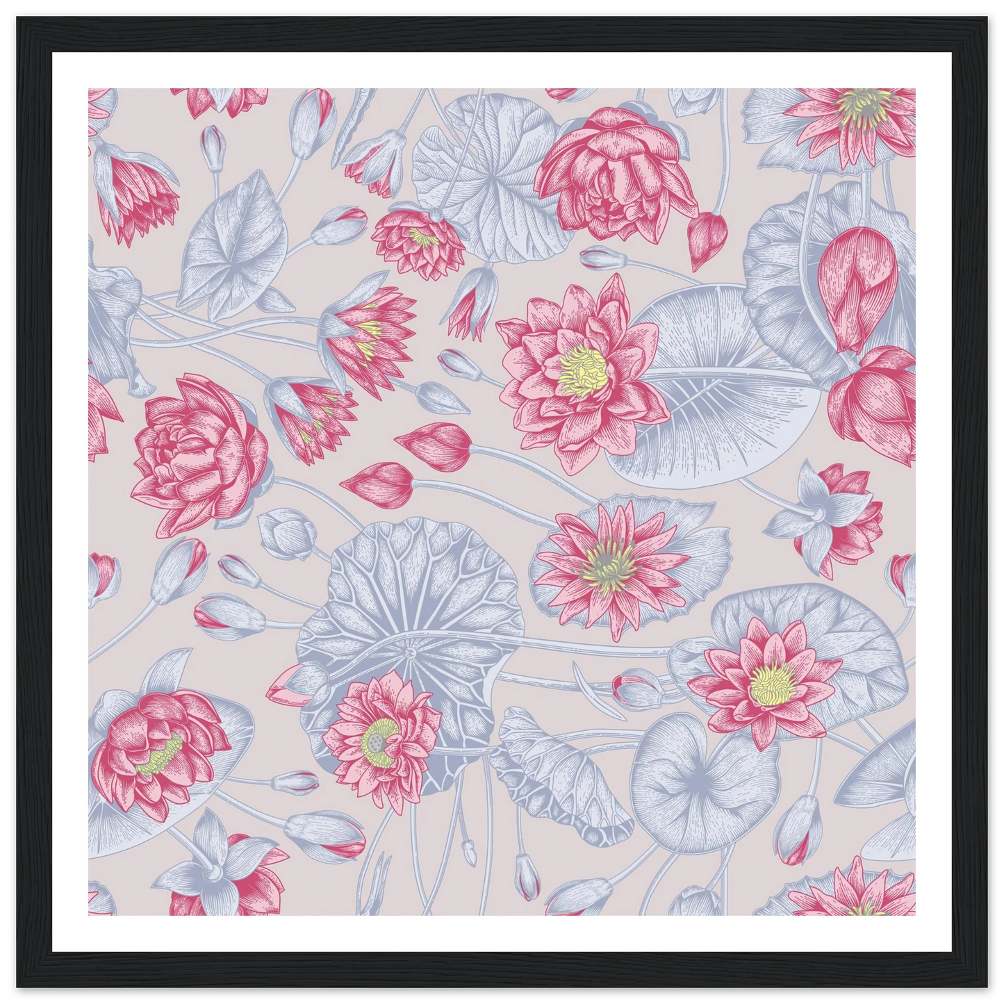 Blush Pink Nénuphar Art Print | William Morris Inspired - Framed Poster - 30x30 cm / 12x12″ - Black frame