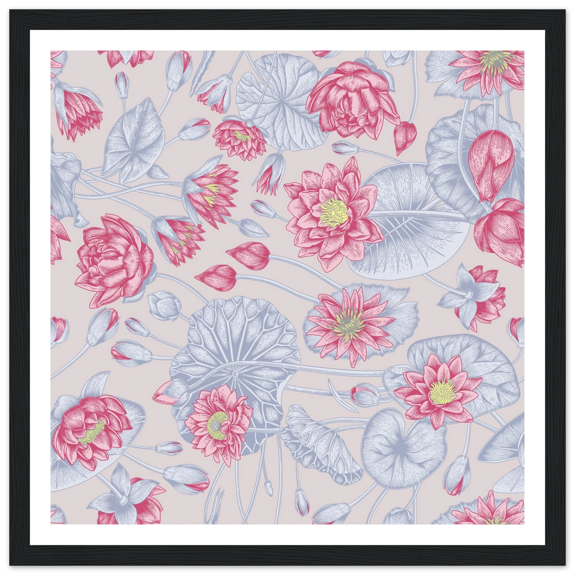 Blush Pink Nénuphar Art Print | William Morris Inspired - Framed Poster - 30x30 cm / 12x12″ - Black frame