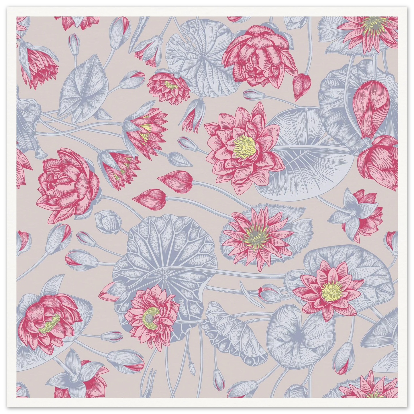 Blush Pink Nénuphar Art Print | William Morris Inspired - Framed Poster - 30x30 cm / 12x12″ - Black frame
