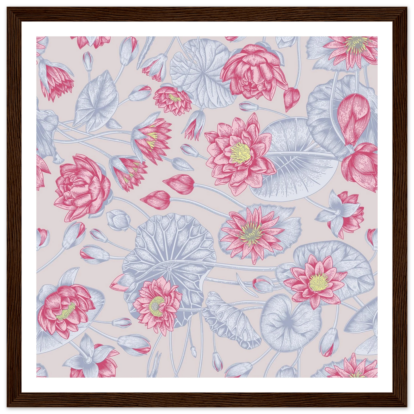 Blush Pink Nénuphar Art Print | William Morris Inspired - Framed Poster - 30x30 cm / 12x12″ - Black frame