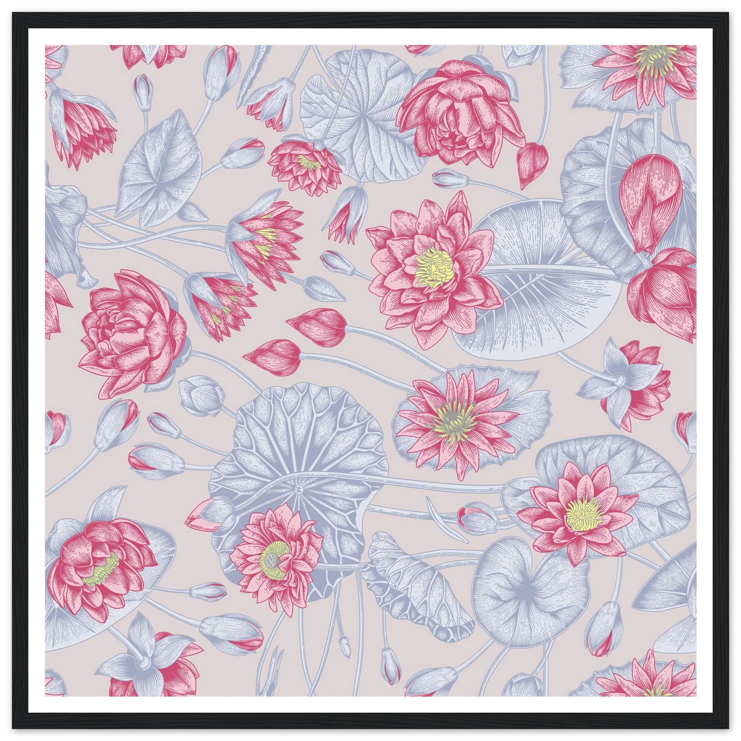 Blush Pink Nénuphar Art Print | William Morris Inspired - Framed Poster - 30x30 cm / 12x12″ - Black frame