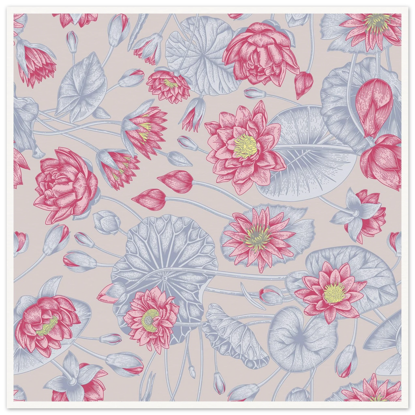 Blush Pink Nénuphar Art Print | William Morris Inspired - Framed Poster - 30x30 cm / 12x12″ - Black frame