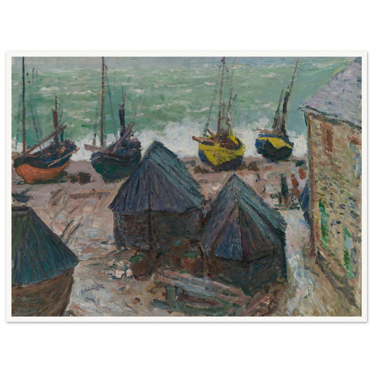 Boats on the Beach at Étretat (1885) Art Print | Claude Monet - Framed Poster - 30x40 cm / 12x16″ - Black frame
