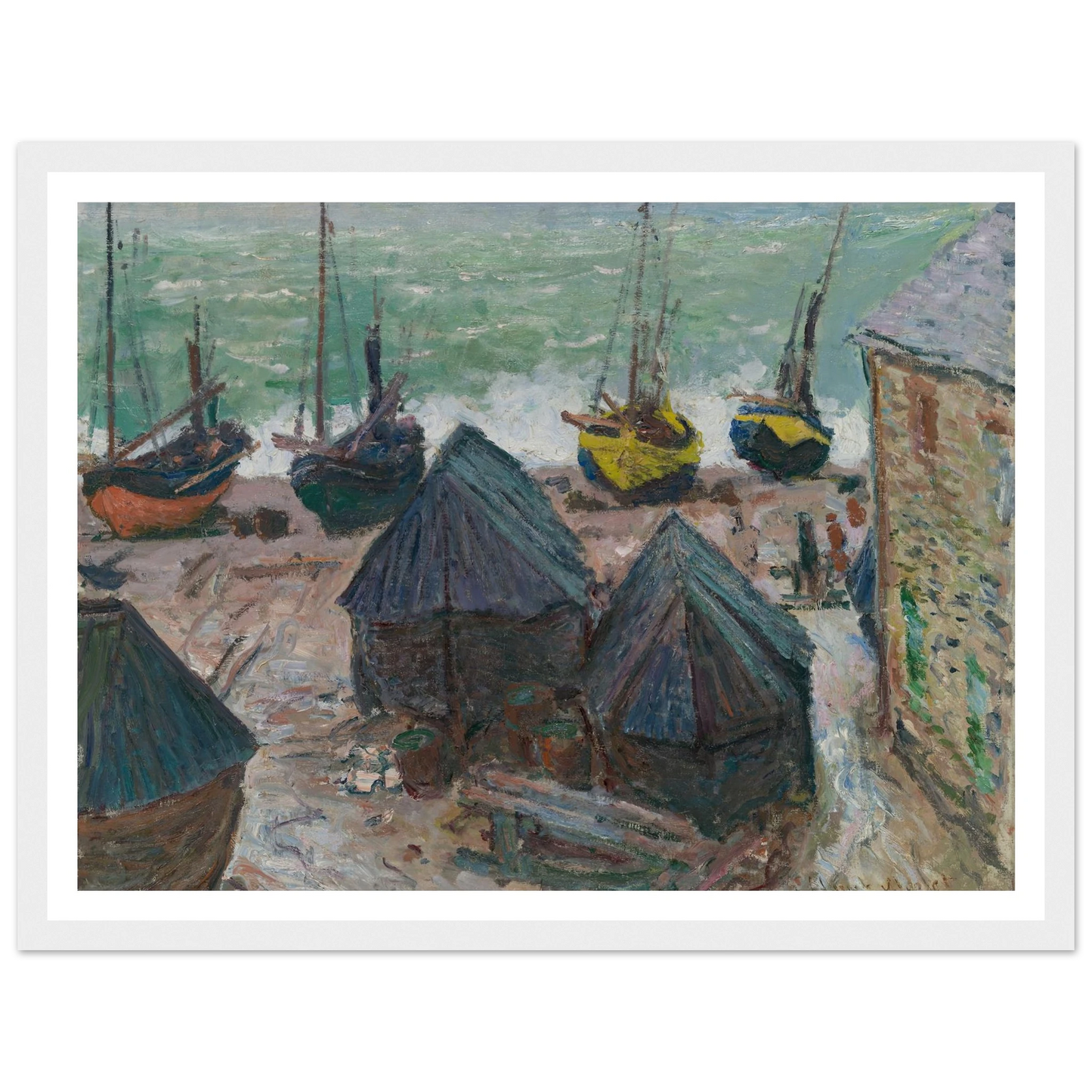 Boats on the Beach at Étretat (1885) Art Print | Claude Monet - Framed Poster - 30x40 cm / 12x16″ - Black frame