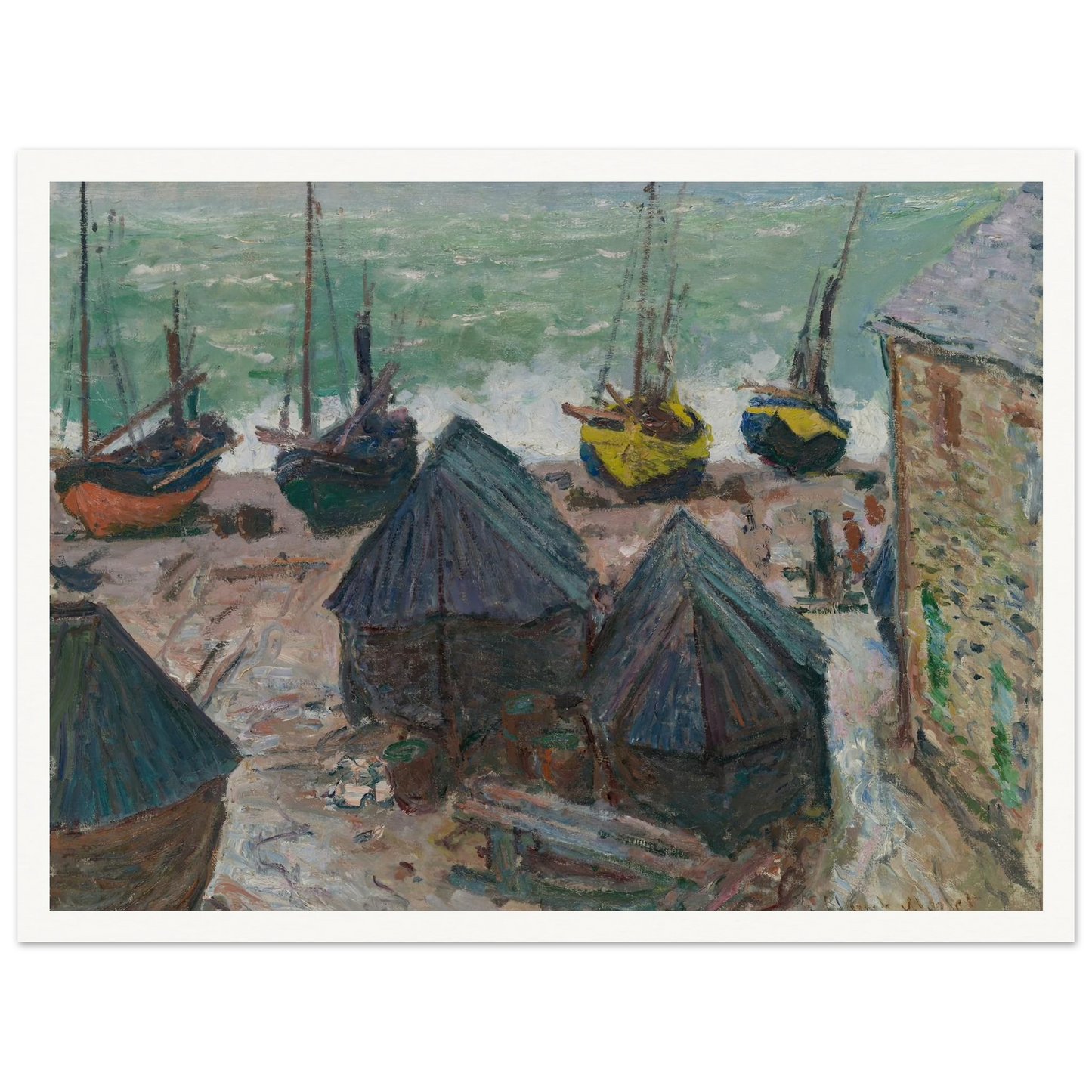 Boats on the Beach at Étretat (1885) Art Print | Claude Monet - Framed Poster - 30x40 cm / 12x16″ - Black frame