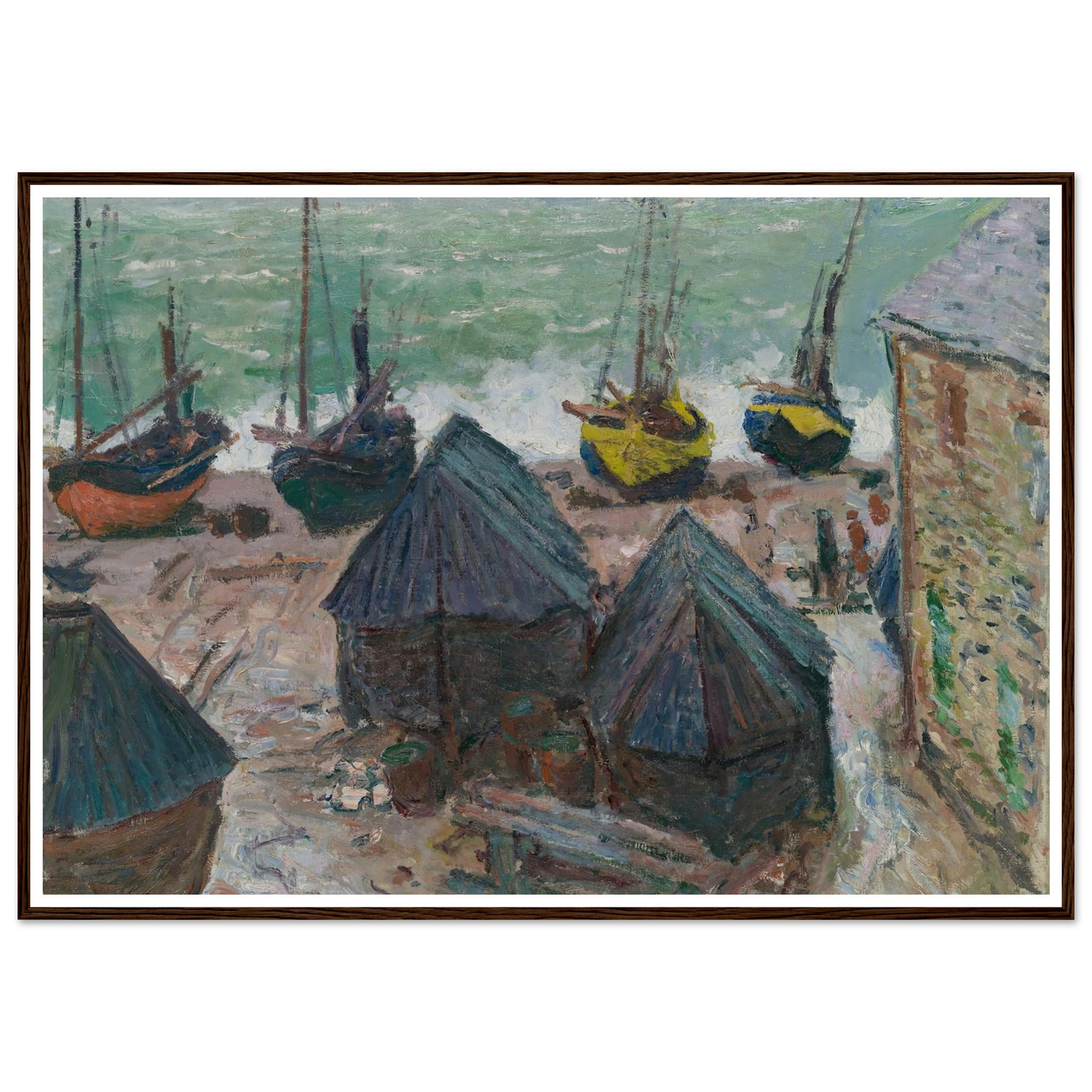 Boats on the Beach at Étretat (1885) Art Print | Claude Monet - Framed Poster - 30x40 cm / 12x16″ - Black frame