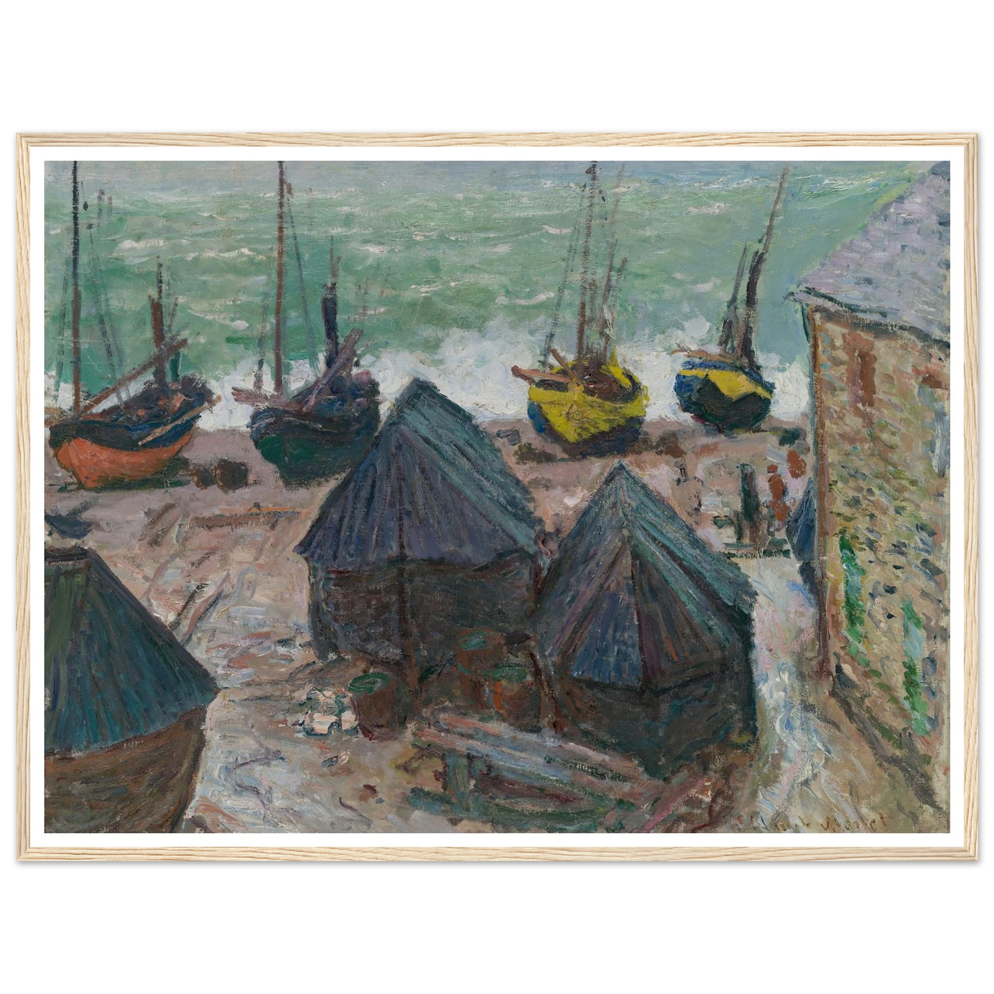 Boats on the Beach at Étretat (1885) Art Print | Claude Monet - Framed Poster - 30x40 cm / 12x16″ - Black frame