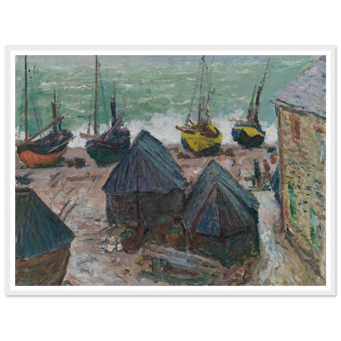 Boats on the Beach at Étretat (1885) Art Print | Claude Monet - Framed Poster - 30x40 cm / 12x16″ - Black frame