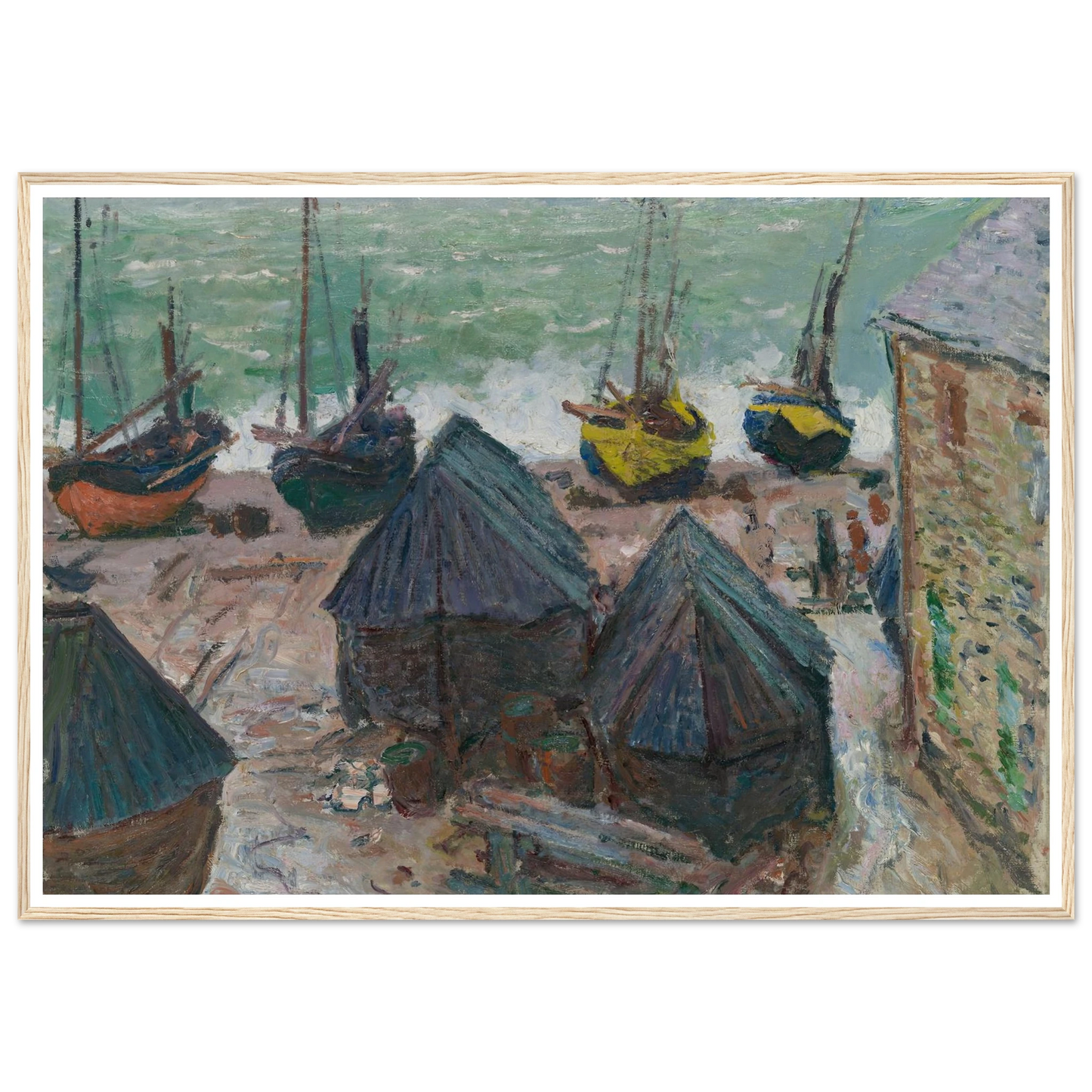 Boats on the Beach at Étretat (1885) Art Print | Claude Monet - Framed Poster - 30x40 cm / 12x16″ - Black frame