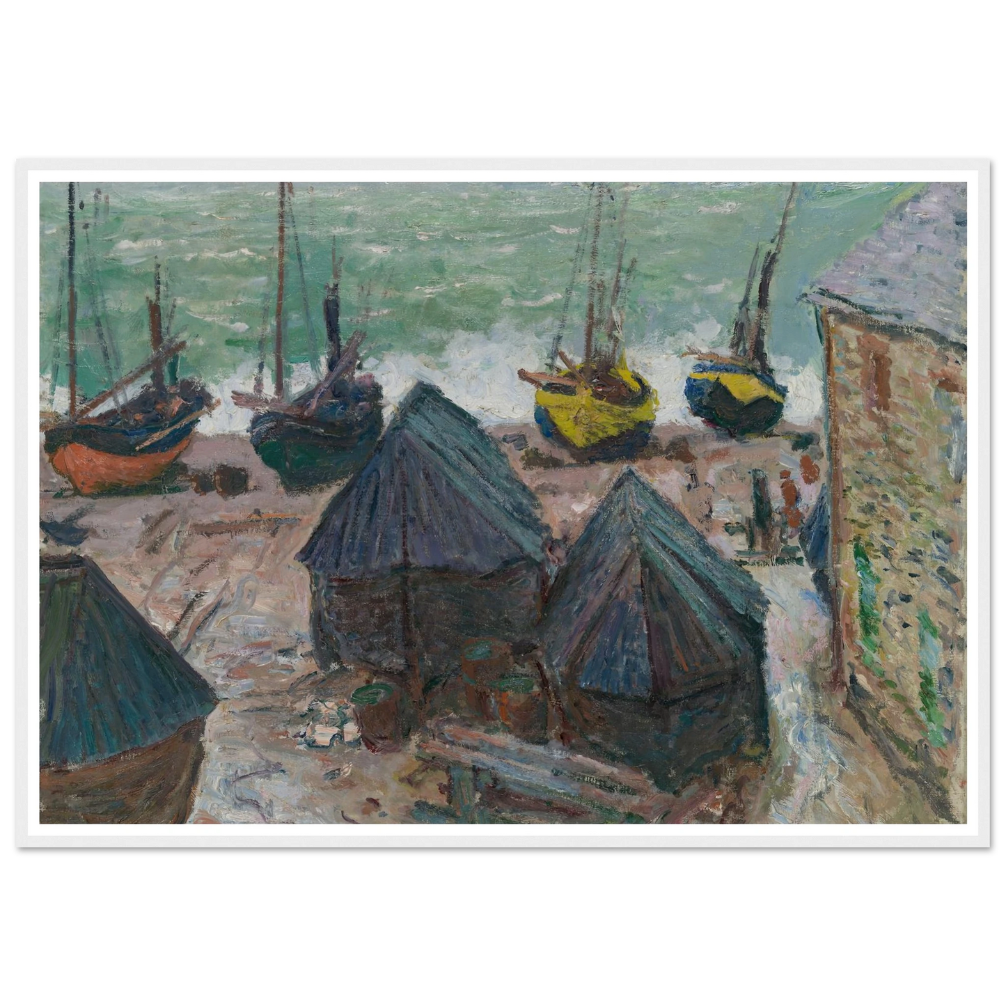 Boats on the Beach at Étretat (1885) Art Print | Claude Monet - Framed Poster - 30x40 cm / 12x16″ - Black frame