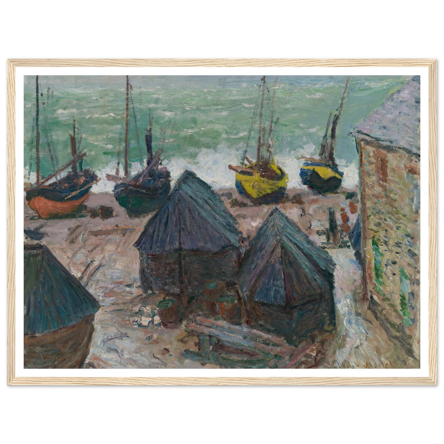 Boats on the Beach at Étretat (1885) Art Print | Claude Monet - Framed Poster - 30x40 cm / 12x16″ - Black frame
