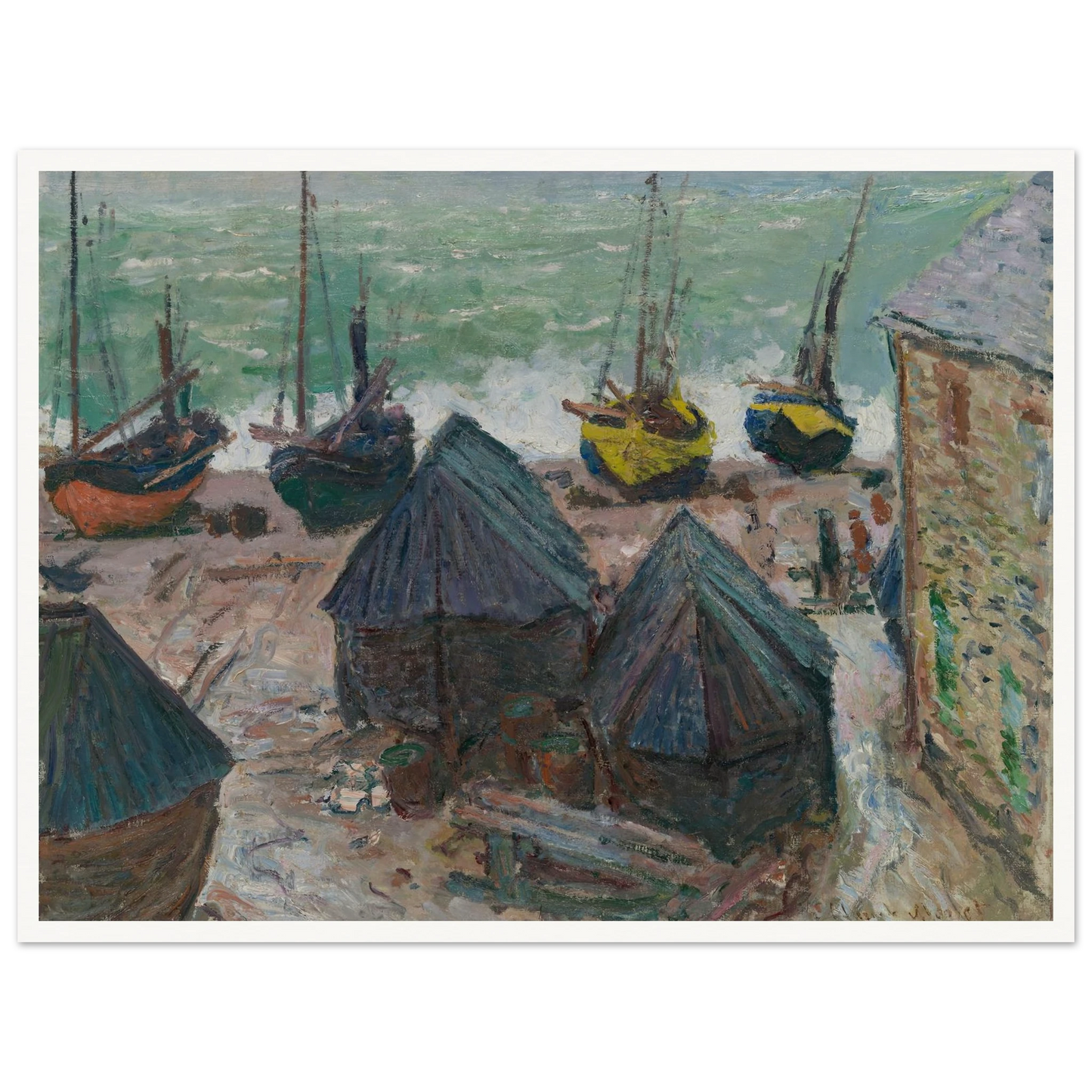 Boats on the Beach at Étretat (1885) Art Print | Claude Monet - Framed Poster - 30x40 cm / 12x16″ - Black frame