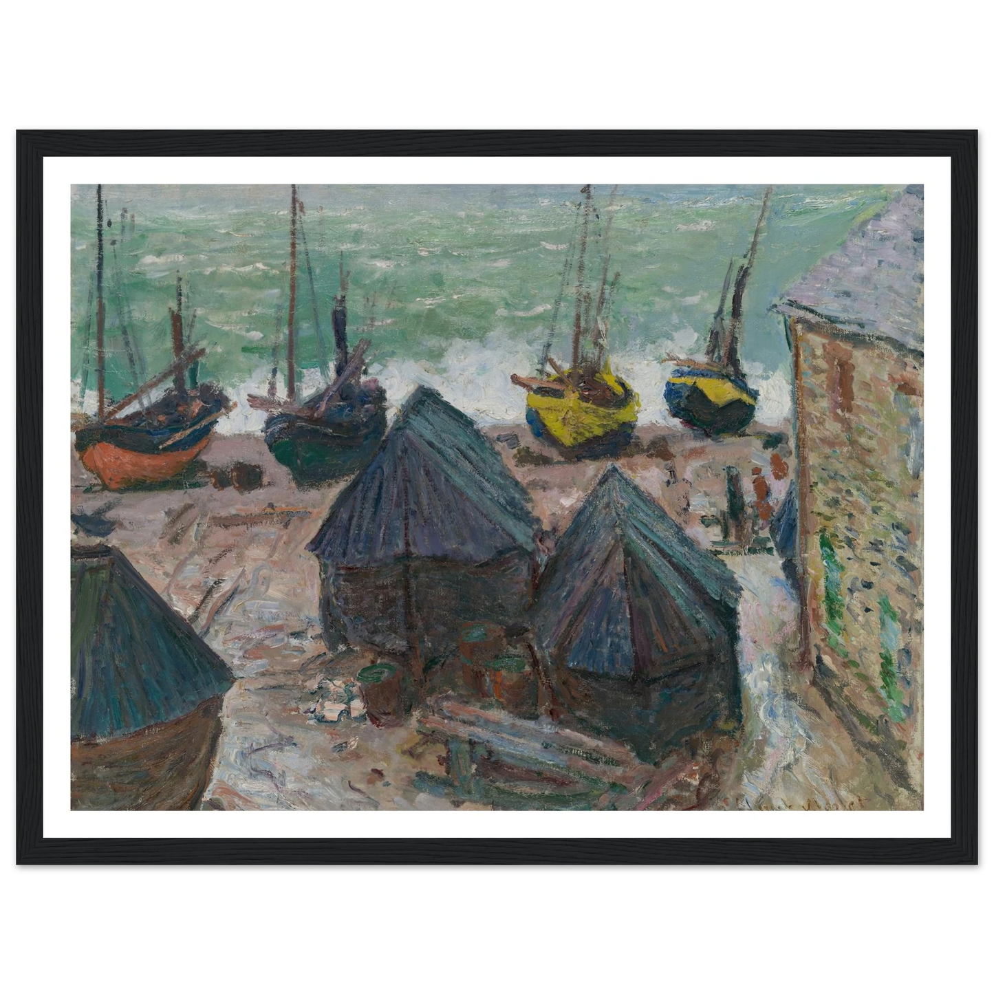 Boats on the Beach at Étretat (1885) Art Print | Claude Monet - Framed Poster - 30x40 cm / 12x16″ - Black frame