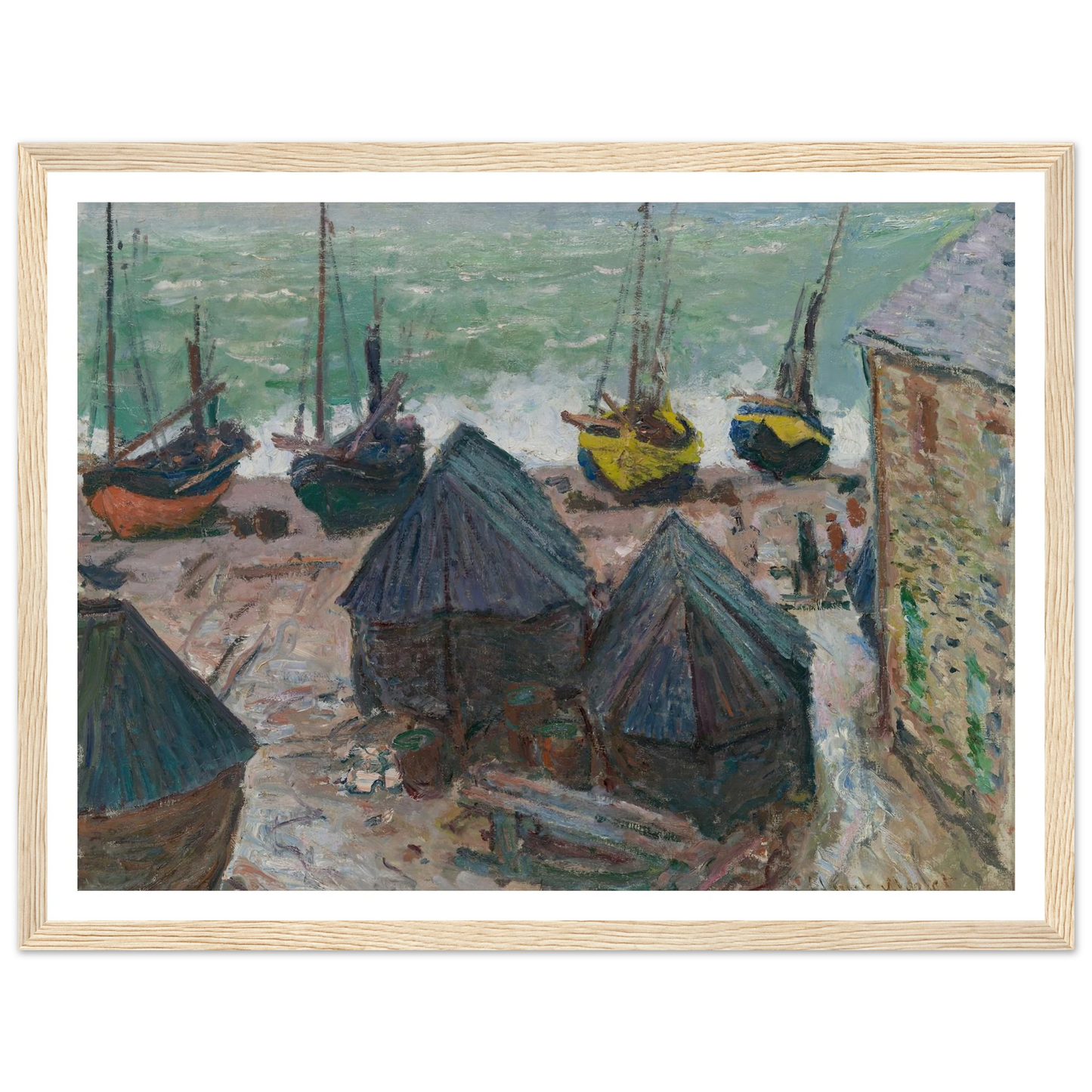 Boats on the Beach at Étretat (1885) Art Print | Claude Monet - Framed Poster - 30x40 cm / 12x16″ - Black frame