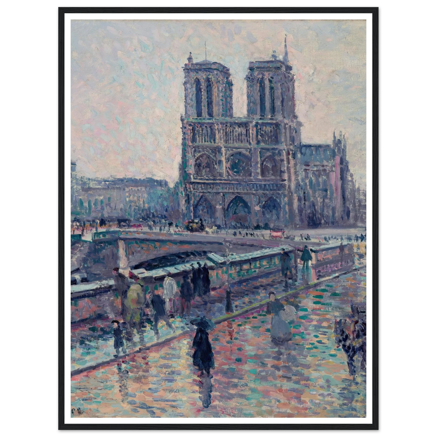 Bords de la Seine avec Notre-Dame sous la pluie (1900) Art Print | Maximilien Luce - Framed Poster - 30x40 cm / 12x16″ - Black frame