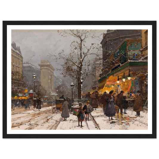 Boulevard Bonne – Nouvelle sous la neige Art Print | Eugene Galien Laloue - Framed Poster - 30x40 cm / 12x16″ - Black frame