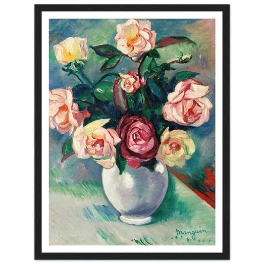Bouquet De Roses Dans Un Vase Blanc (1912) Art Print | Henri Manguin - Framed Poster - 30x40 cm / 12x16″ - Black frame