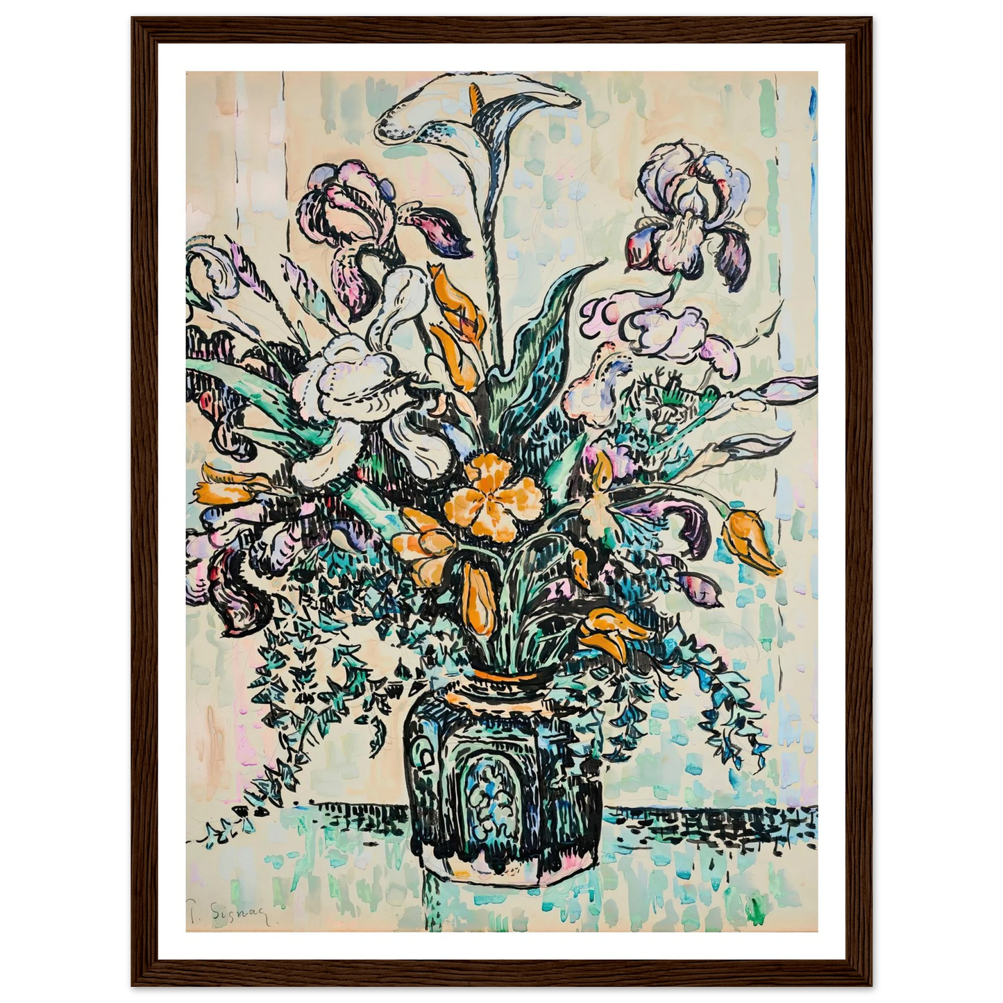 Bouquet (iris, arum, tulipes) dans un vase d’André Metthey (ca 1910) Art Print | Paul Signac - Framed Poster - 30x40 cm / 12x16″ - Black frame