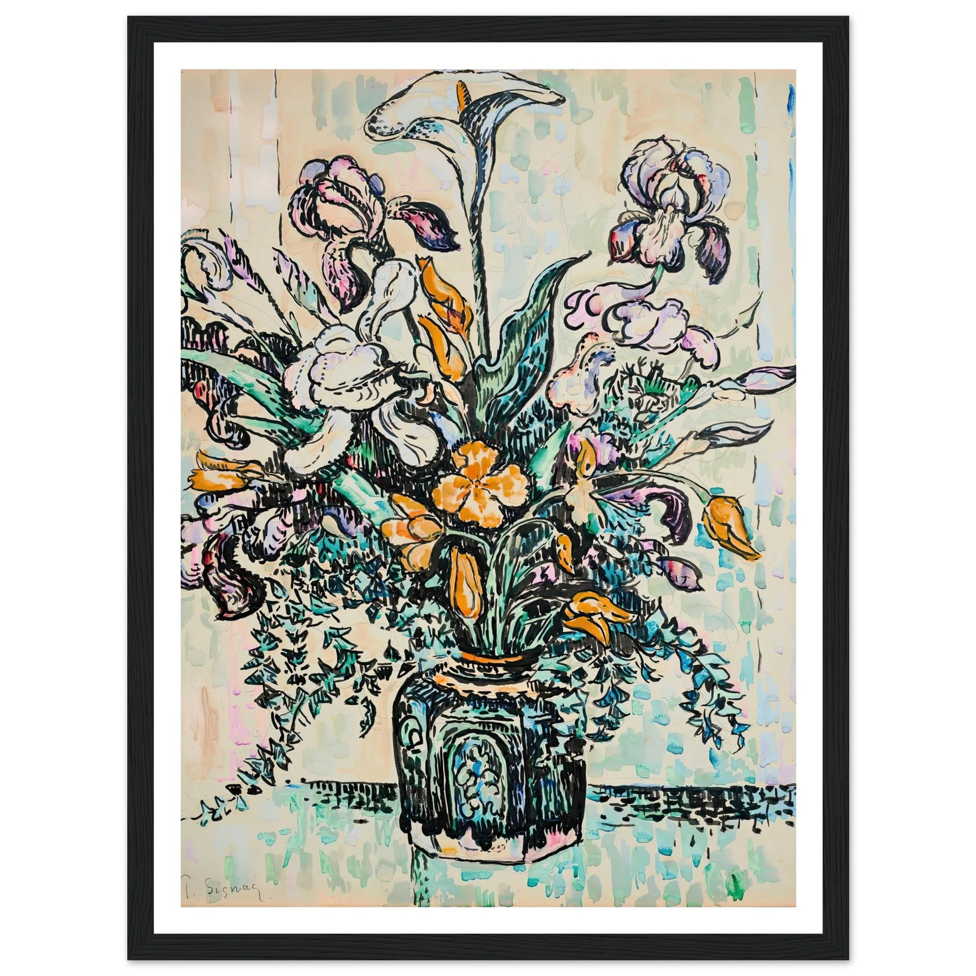 Bouquet (iris, arum, tulipes) dans un vase d’André Metthey (ca 1910) Art Print | Paul Signac - Framed Poster - 30x40 cm / 12x16″ - Black frame