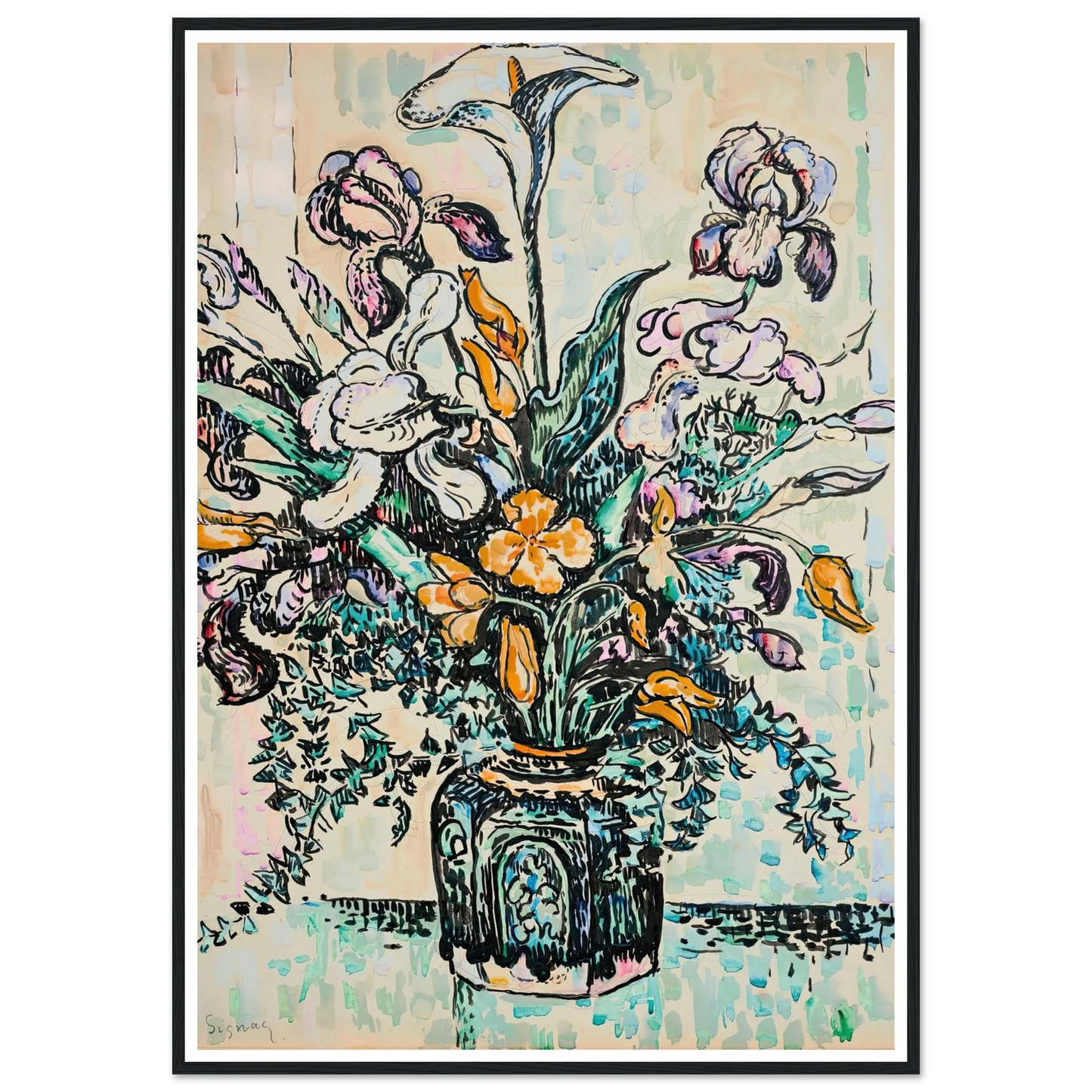 Bouquet (iris, arum, tulipes) dans un vase d’André Metthey (ca 1910) Art Print | Paul Signac - Framed Poster - 30x40 cm / 12x16″ - Black frame