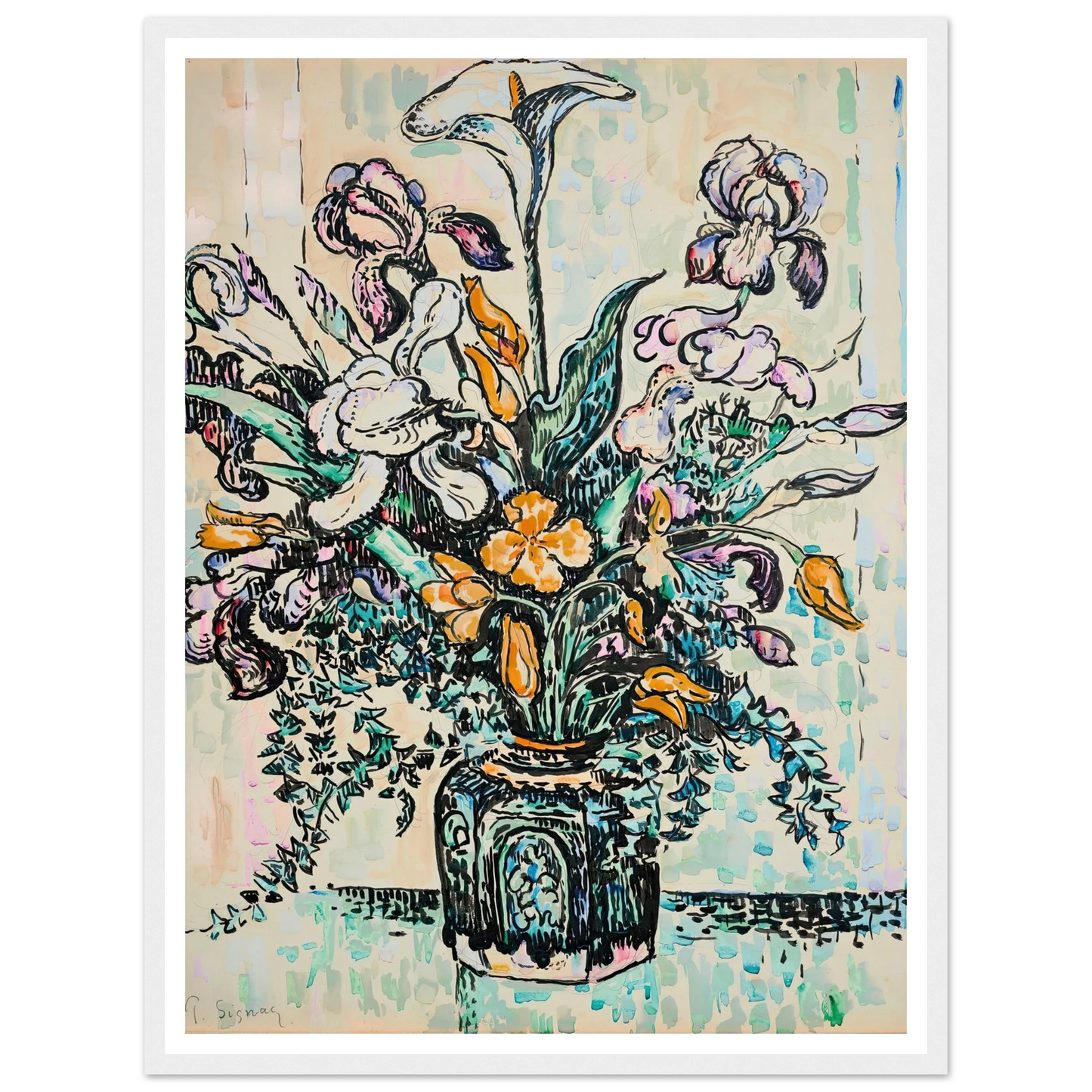 Bouquet (iris, arum, tulipes) dans un vase d’André Metthey (ca 1910) Art Print | Paul Signac - Framed Poster - 30x40 cm / 12x16″ - Black frame
