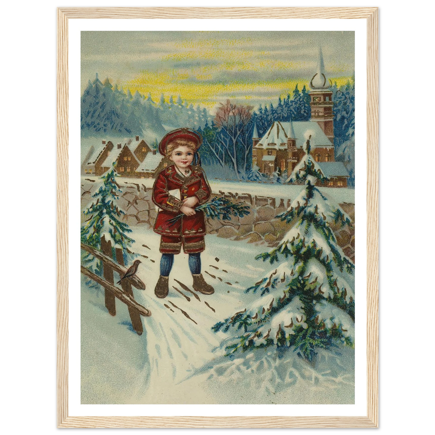 Boy With Pine Sprig In Snow - Framed Poster - 30x40 cm / 12x16″ - Black frame