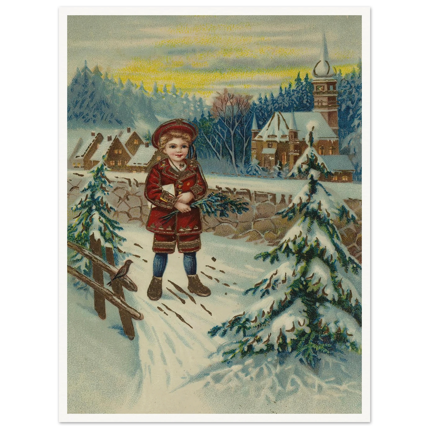 Boy With Pine Sprig In Snow - Framed Poster - 30x40 cm / 12x16″ - Black frame