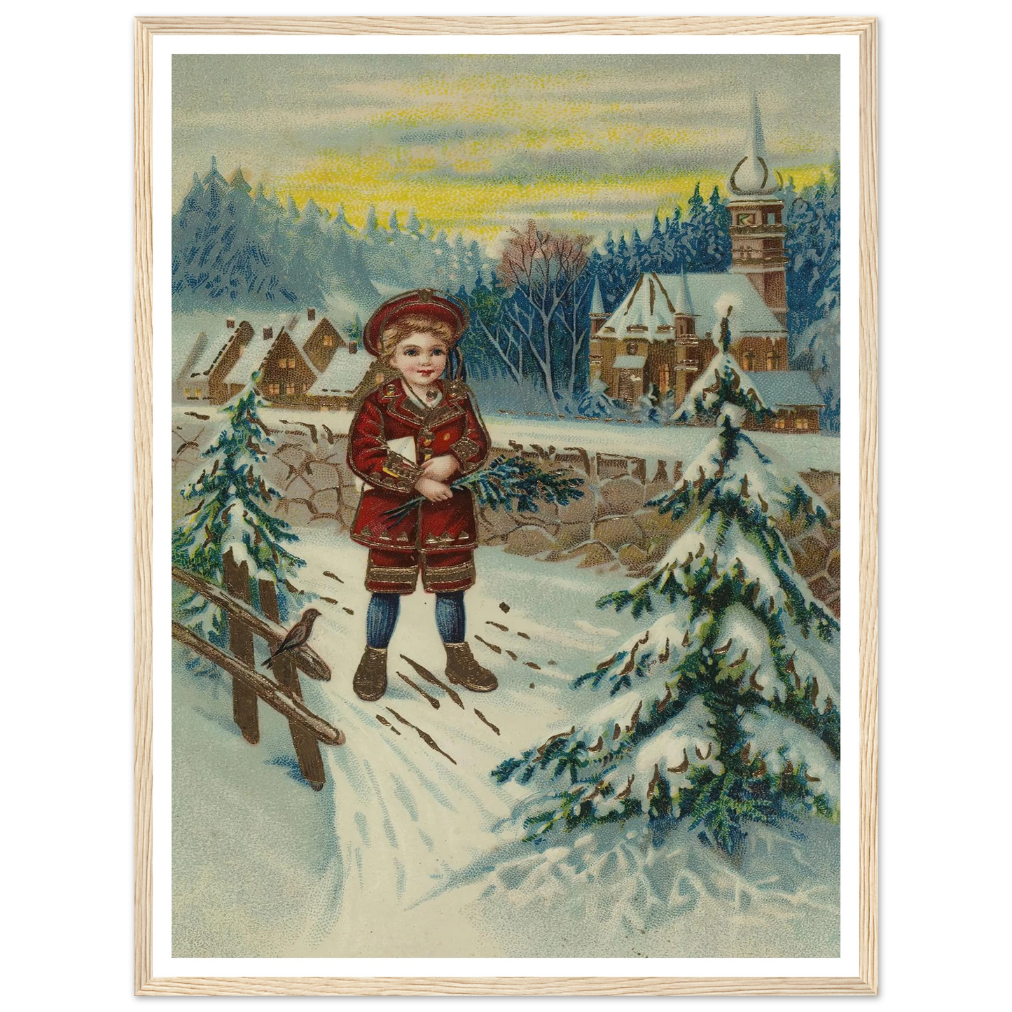 Boy With Pine Sprig In Snow - Framed Poster - 30x40 cm / 12x16″ - Black frame