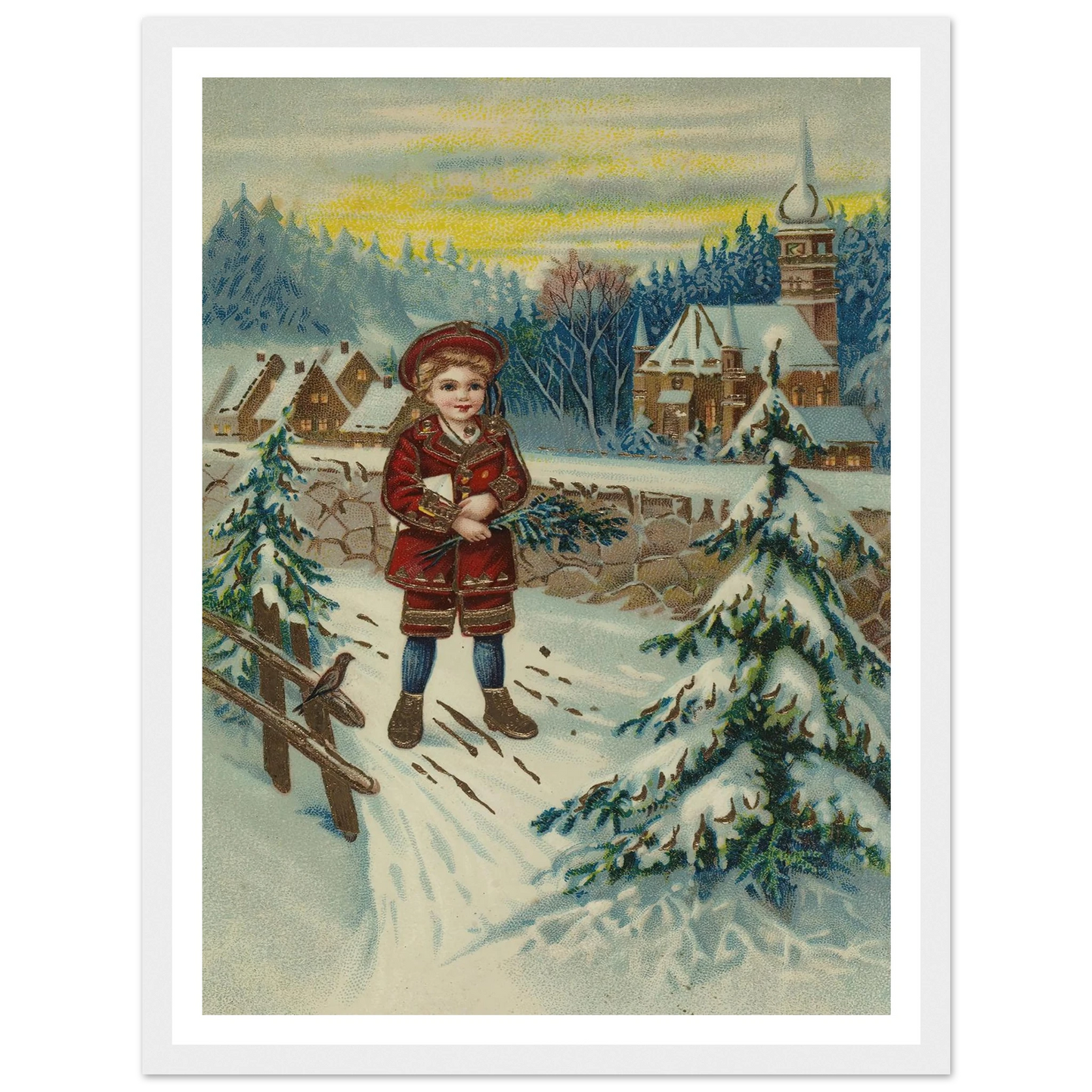 Boy With Pine Sprig In Snow - Framed Poster - 30x40 cm / 12x16″ - Black frame
