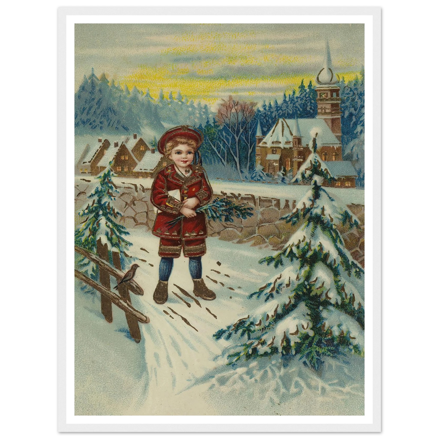 Boy With Pine Sprig In Snow - Framed Poster - 30x40 cm / 12x16″ - Black frame