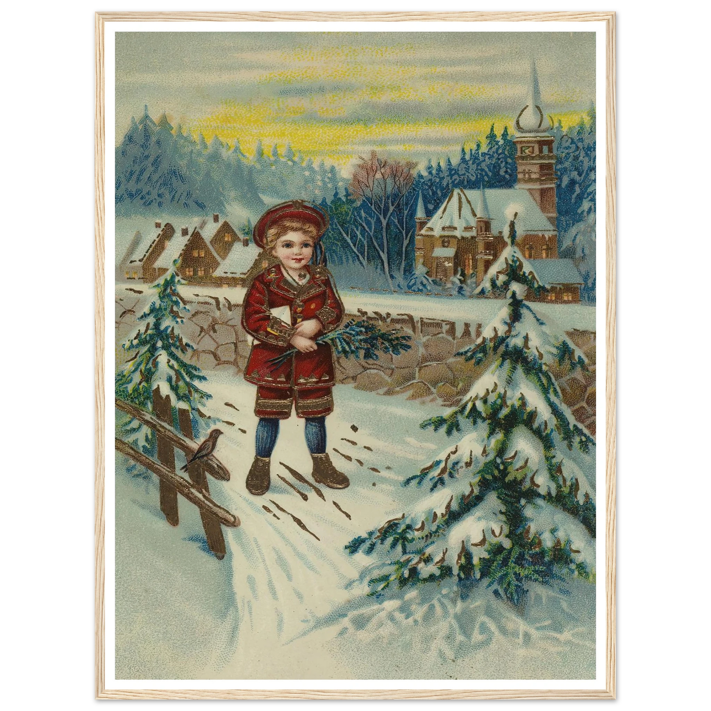 Boy With Pine Sprig In Snow - Framed Poster - 30x40 cm / 12x16″ - Black frame