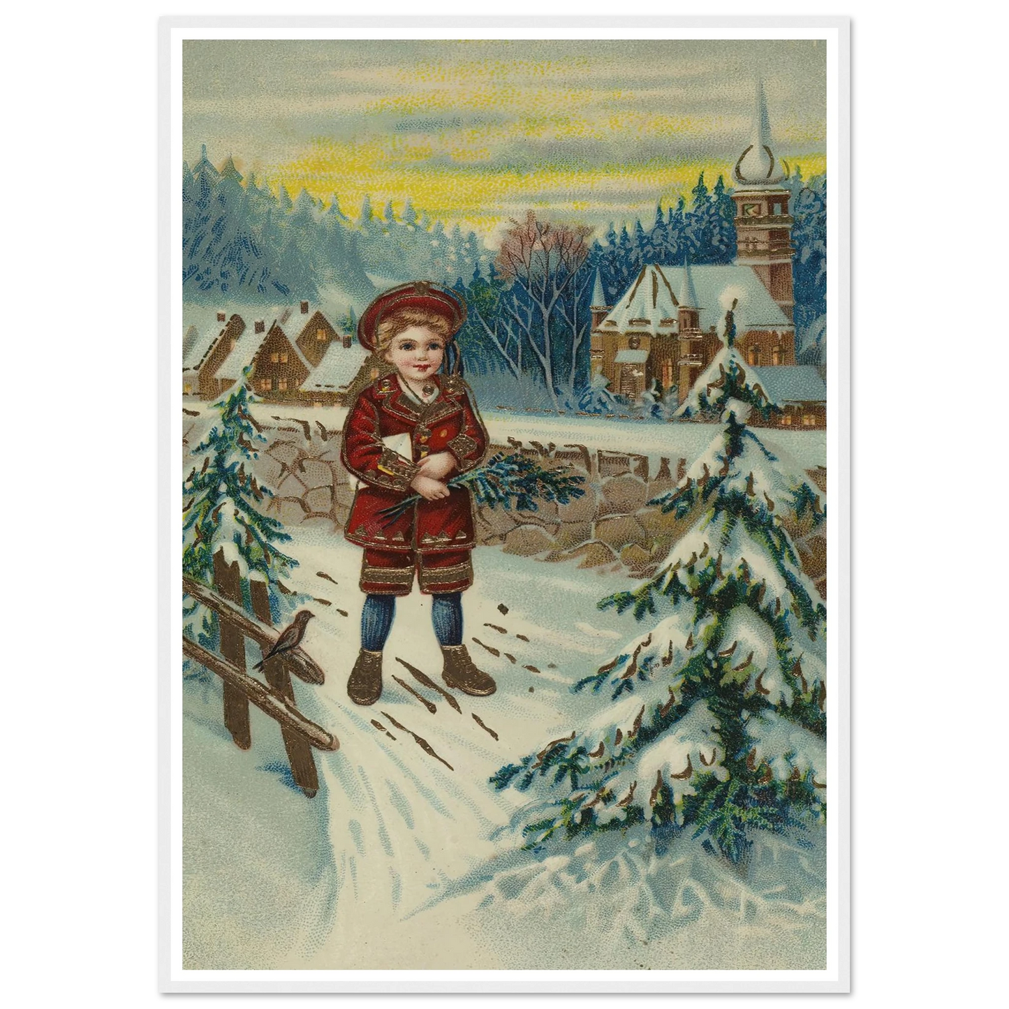 Boy With Pine Sprig In Snow - Framed Poster - 30x40 cm / 12x16″ - Black frame