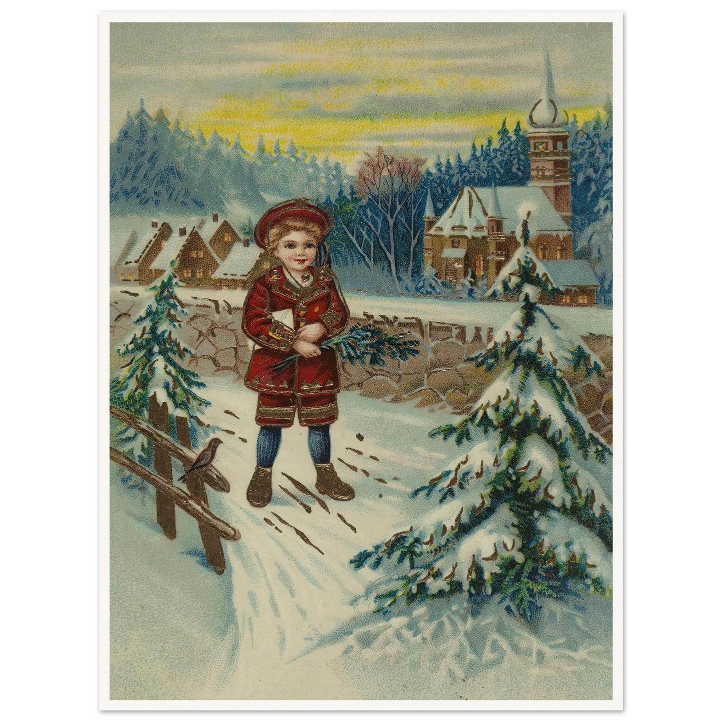 Boy With Pine Sprig In Snow - Framed Poster - 30x40 cm / 12x16″ - Black frame