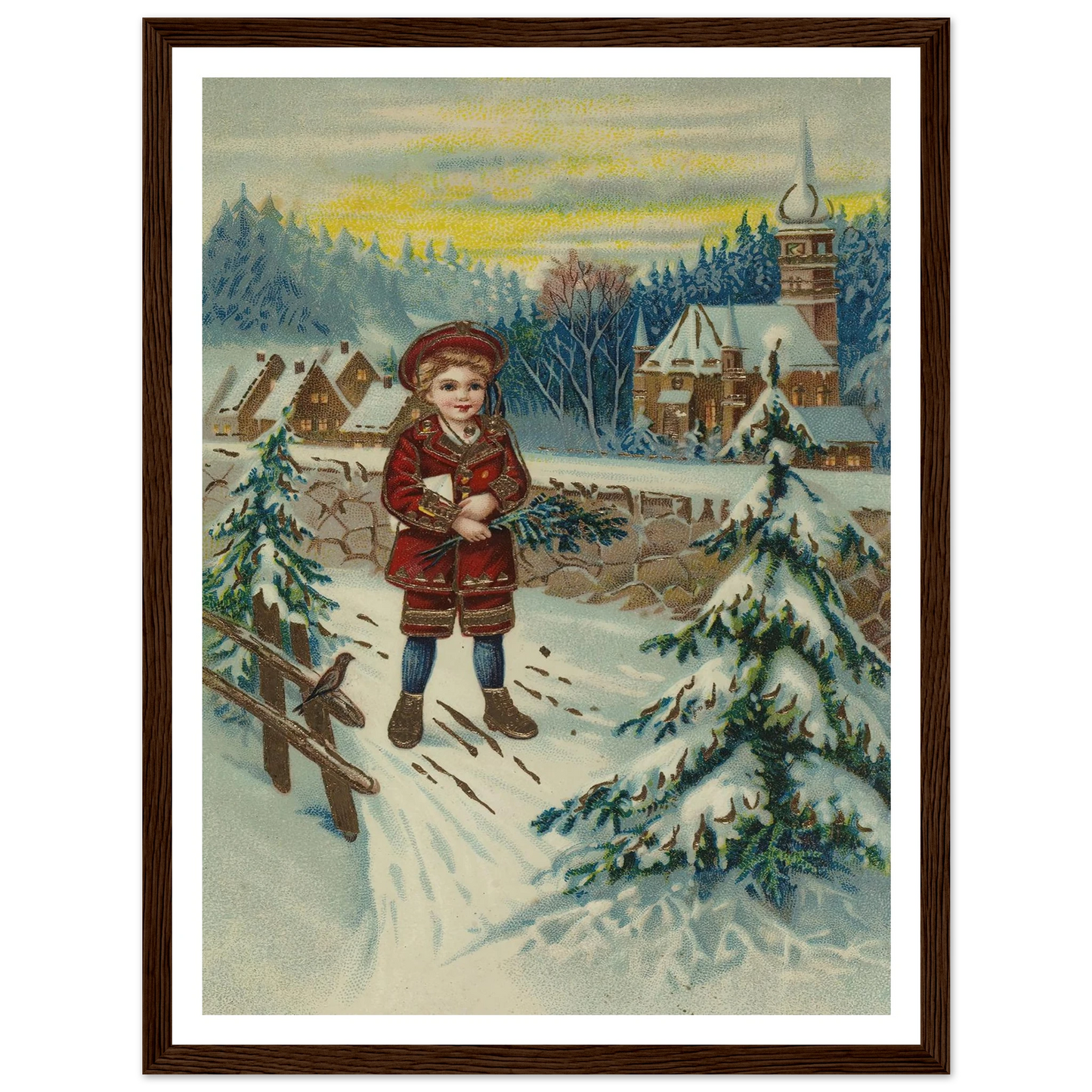 Boy With Pine Sprig In Snow - Framed Poster - 30x40 cm / 12x16″ - Black frame