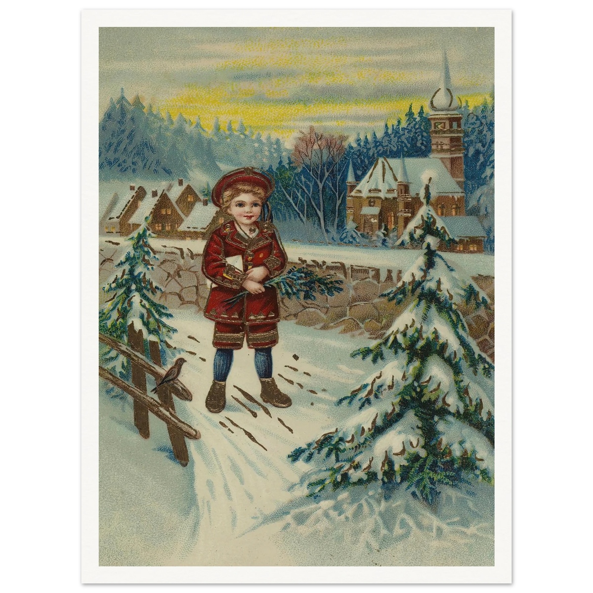 Boy With Pine Sprig In Snow - Framed Poster - 30x40 cm / 12x16″ - Black frame