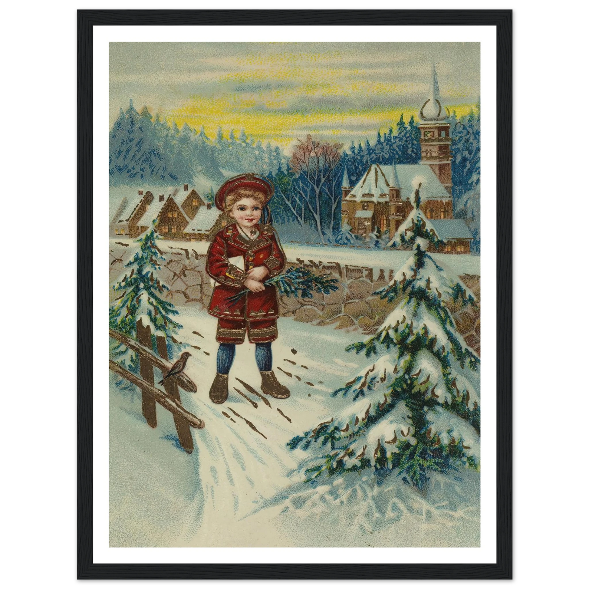Boy With Pine Sprig In Snow - Framed Poster - 30x40 cm / 12x16″ - Black frame