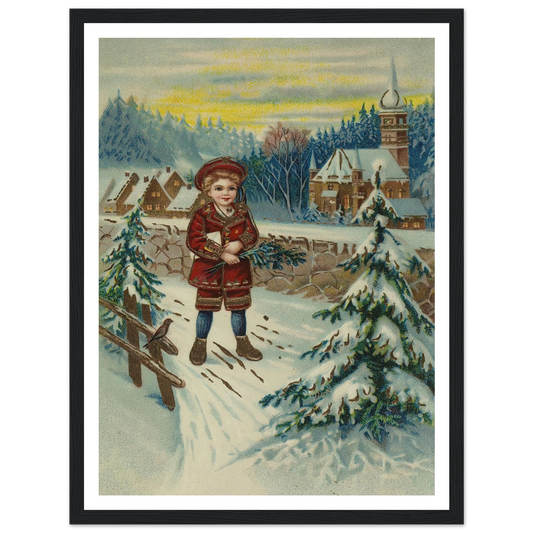 Boy With Pine Sprig In Snow - Framed Poster - 30x40 cm / 12x16″ - Black frame