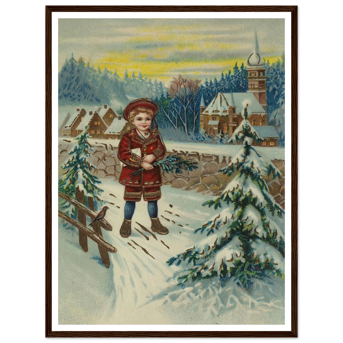 Boy With Pine Sprig In Snow - Framed Poster - 30x40 cm / 12x16″ - Black frame