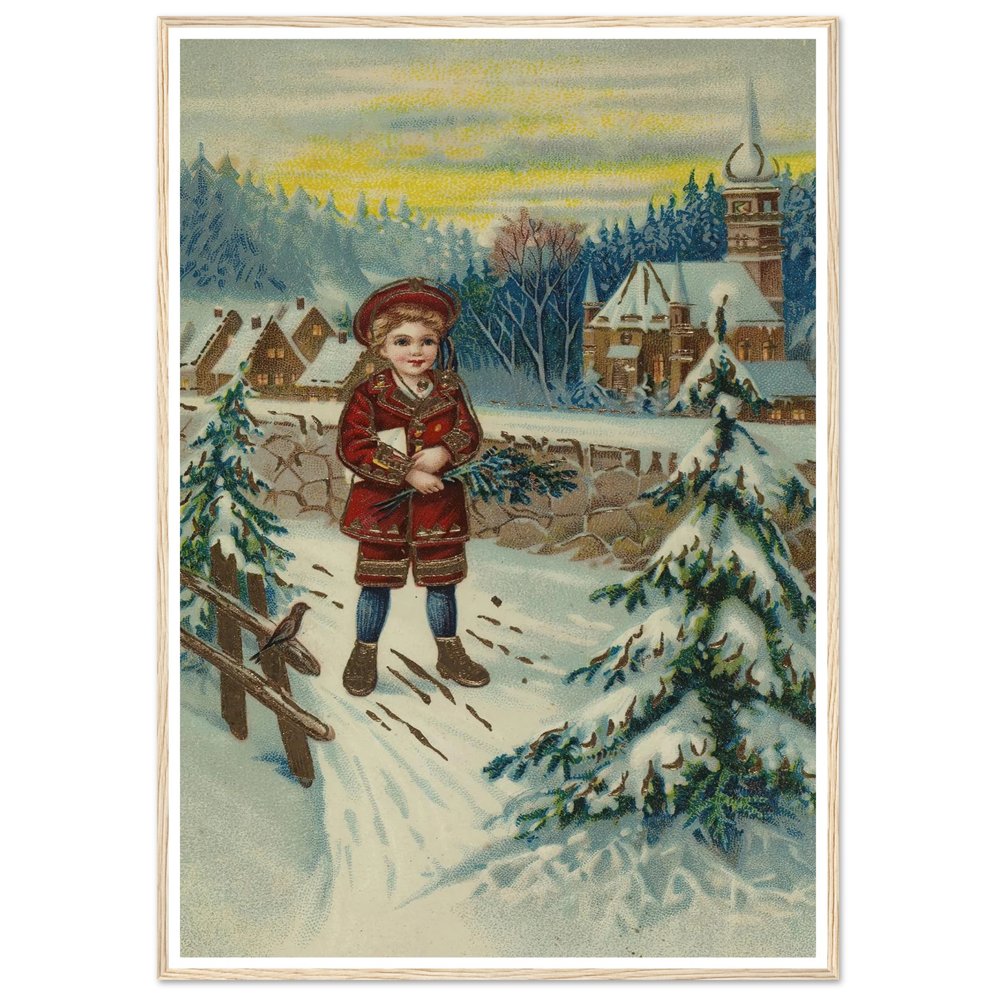 Boy With Pine Sprig In Snow - Framed Poster - 30x40 cm / 12x16″ - Black frame